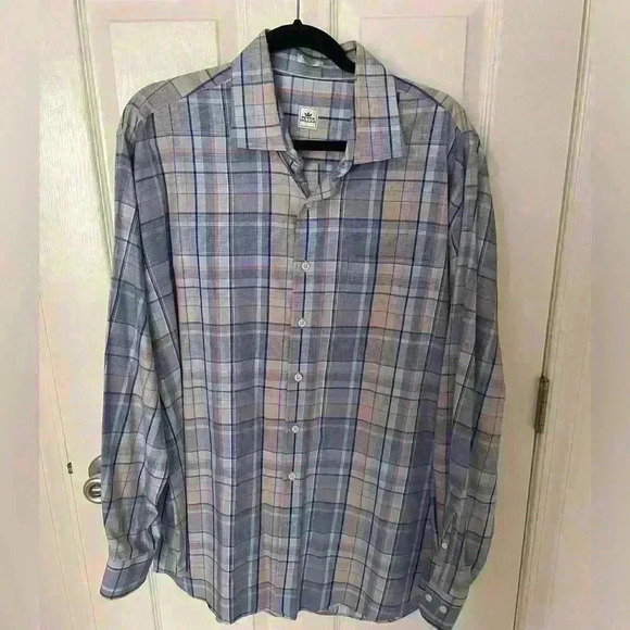 Peter Millar Button Shirt XL Blue Tan White Plaid Dress Work Mens $145 - Picture 1 of 5